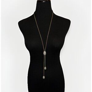 Chicos Rhinestone Statement Pave Crystal Lariat Rope Chain Necklace Silver Tone